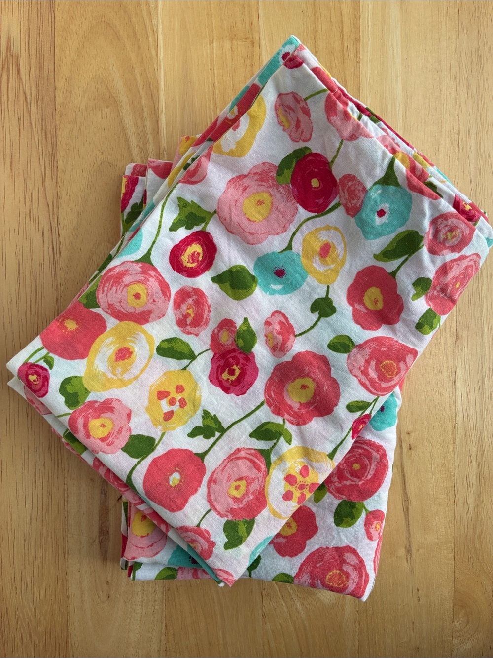 2 Martha Stewart Floral Cotton pillowcases.  Pink, Yellow & Aqua. Standard size